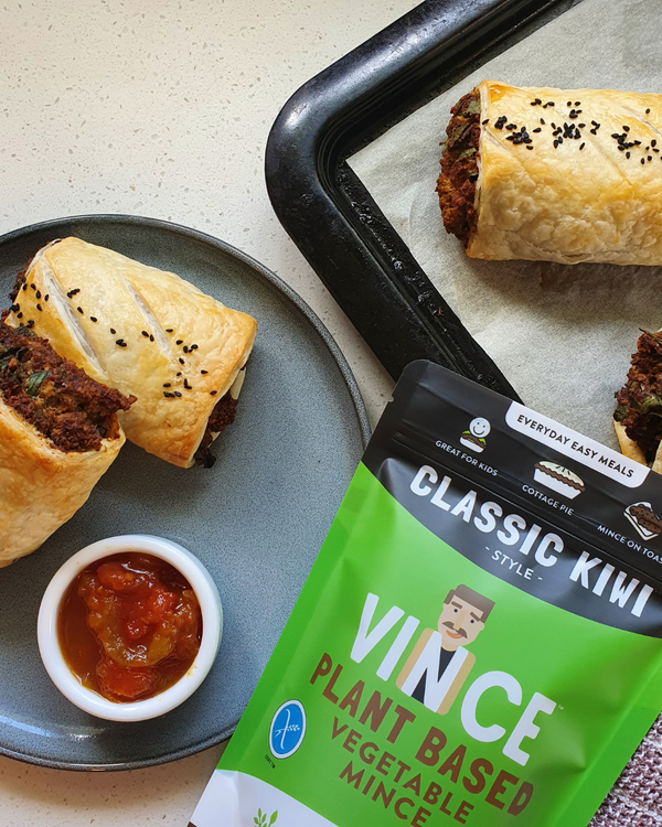 Vince mince alternative cooked in a vegan sausage roll